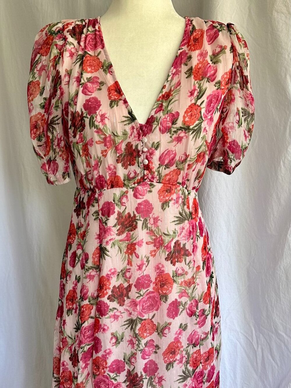 Floral Chiffon Red Pink Ivory Maxi Gown Vintage-Style Empire Waist Size 6